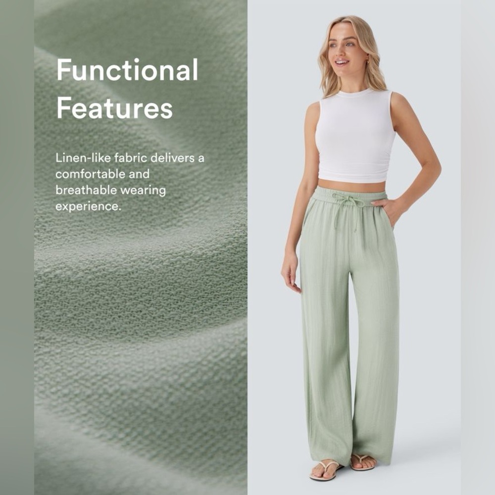 HALARA Linen -Feel Drawstring High Waist Wide-Leg Pale Mint Pants Women’s XS - Picture 3 of 9